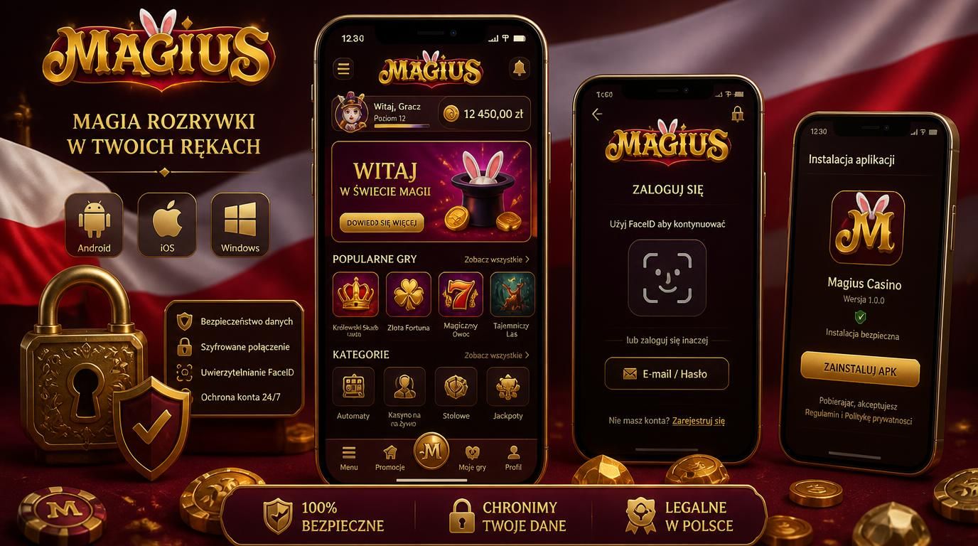 Interfejs instalacji aplikacji mobilnej Magius Casino z ikonami Android, iOS i Windows.
