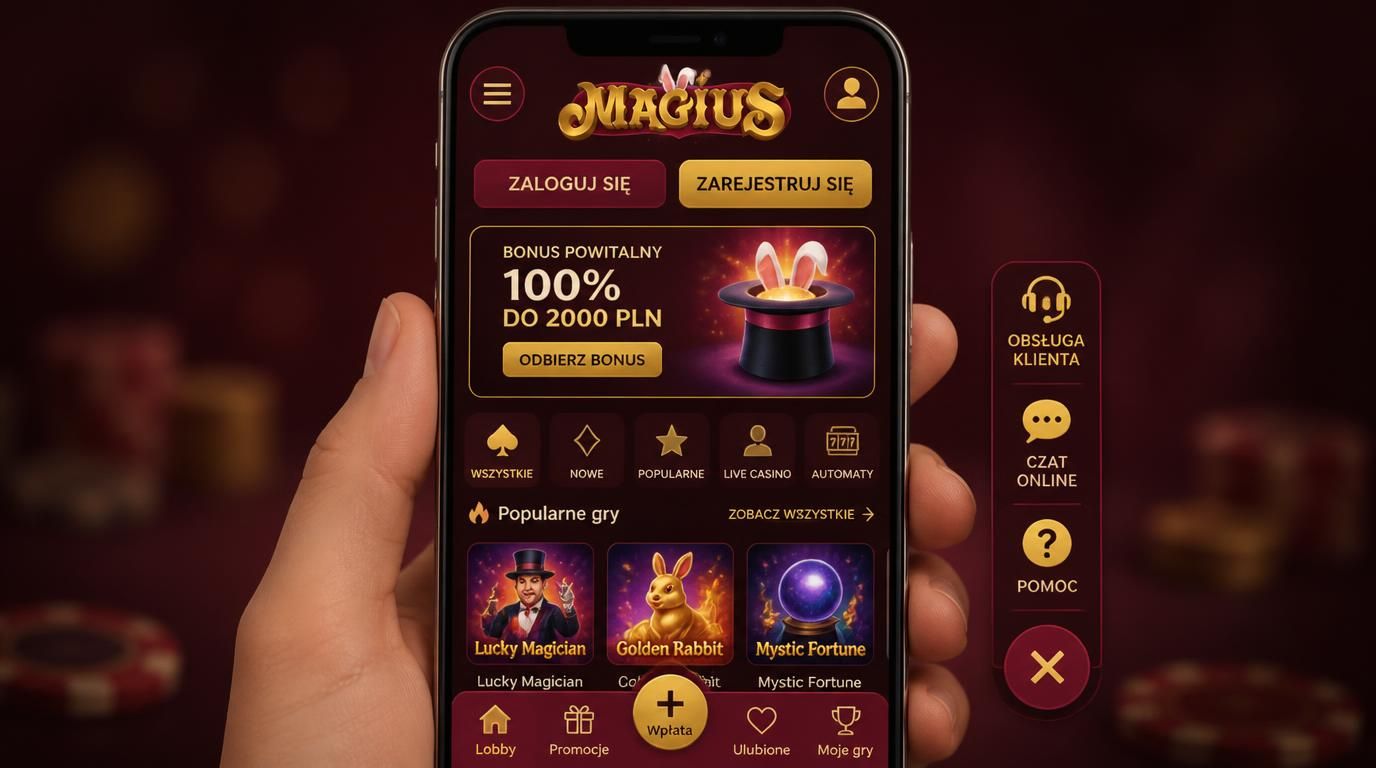 Osoba trzymająca telefon jedną ręką, menu obsługi klienta Magius Casino widoczne.