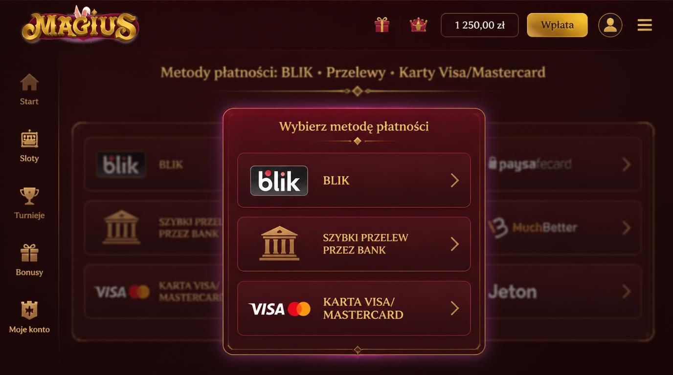 Grafik przedstawiający metody płatności: BLIK, szybki przelew bankowy i karta w interfejsie kasyna.