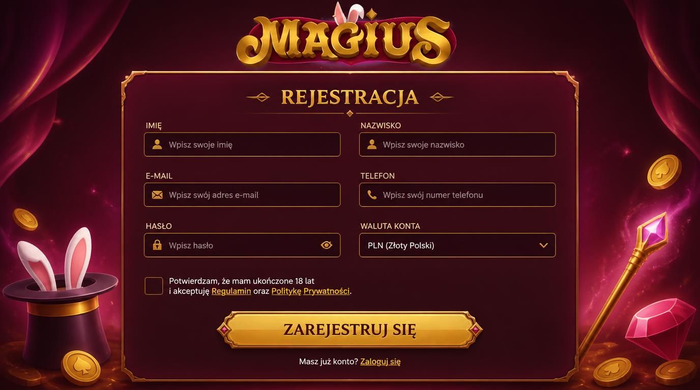 Formularz rejestracji online w Magius Casino z podstawowymi danymi osobowymi.