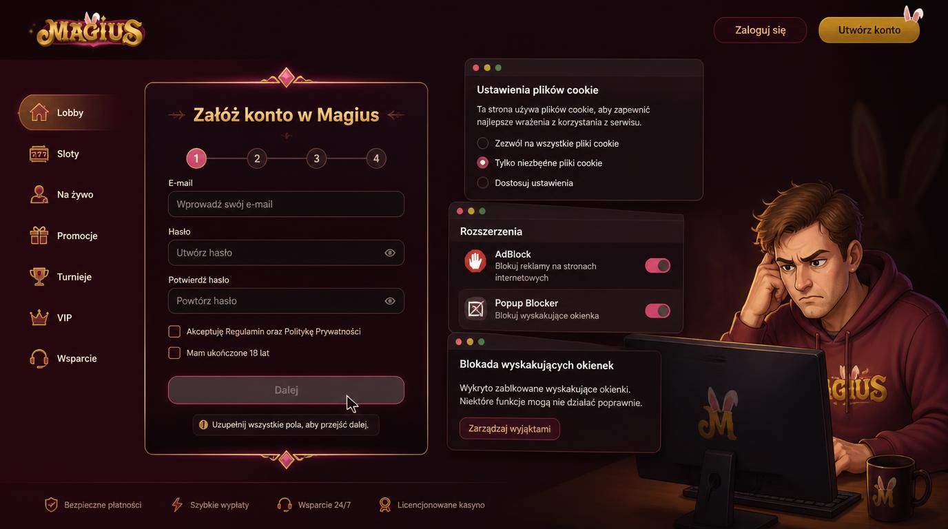Formularz rejestracyjny zatrzymuje się – możliwa wina ad-blockera lub braku cookies.