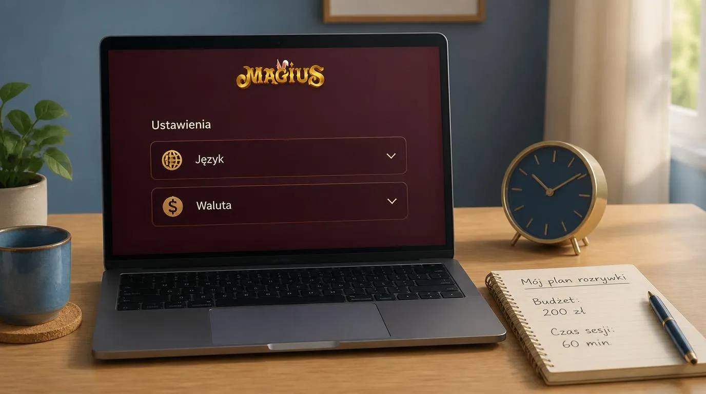 Laptop z wyborem języka i waluty oraz notes z zapisanym budżetem i czasem na rozrywkę