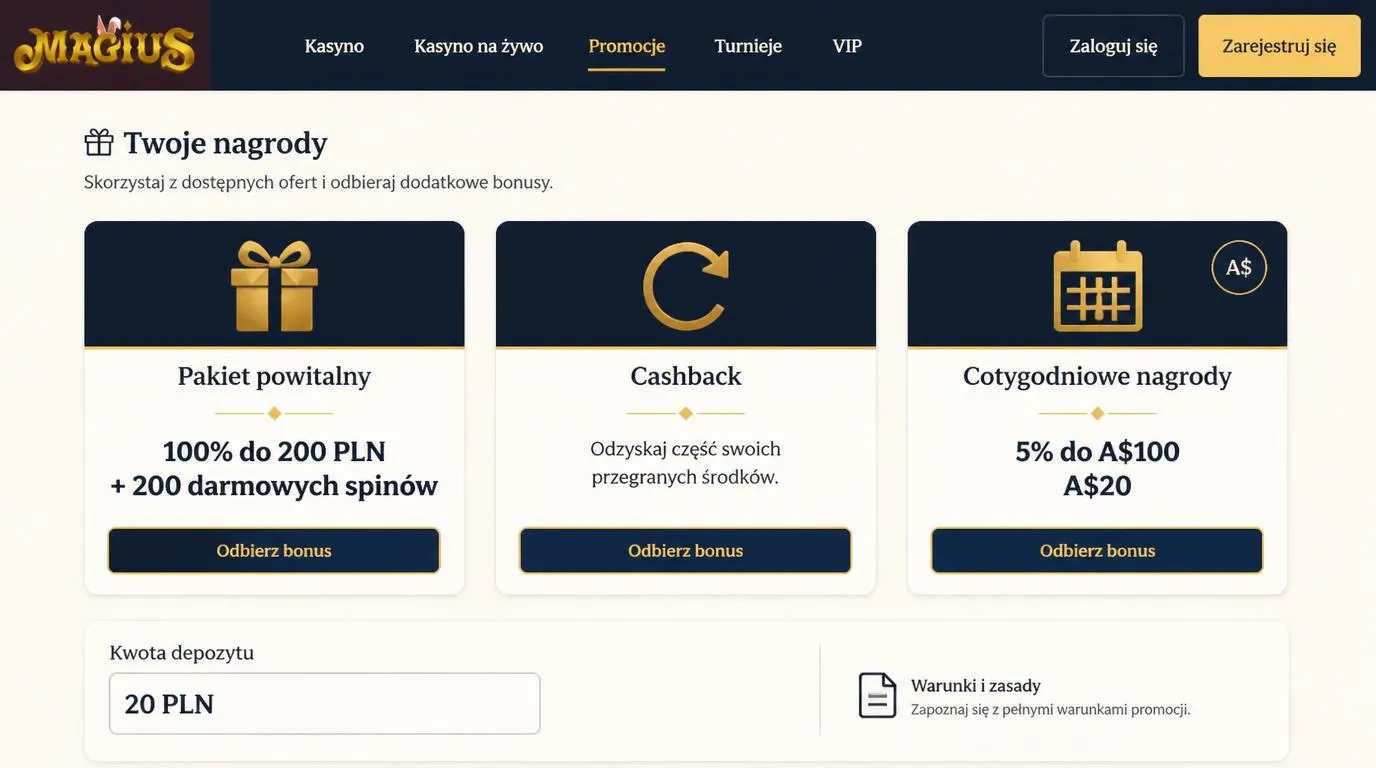 Panel bonusów kasynowych z ofertą powitalną w PLN, cashbackiem i nagrodami tygodniowymi w A$