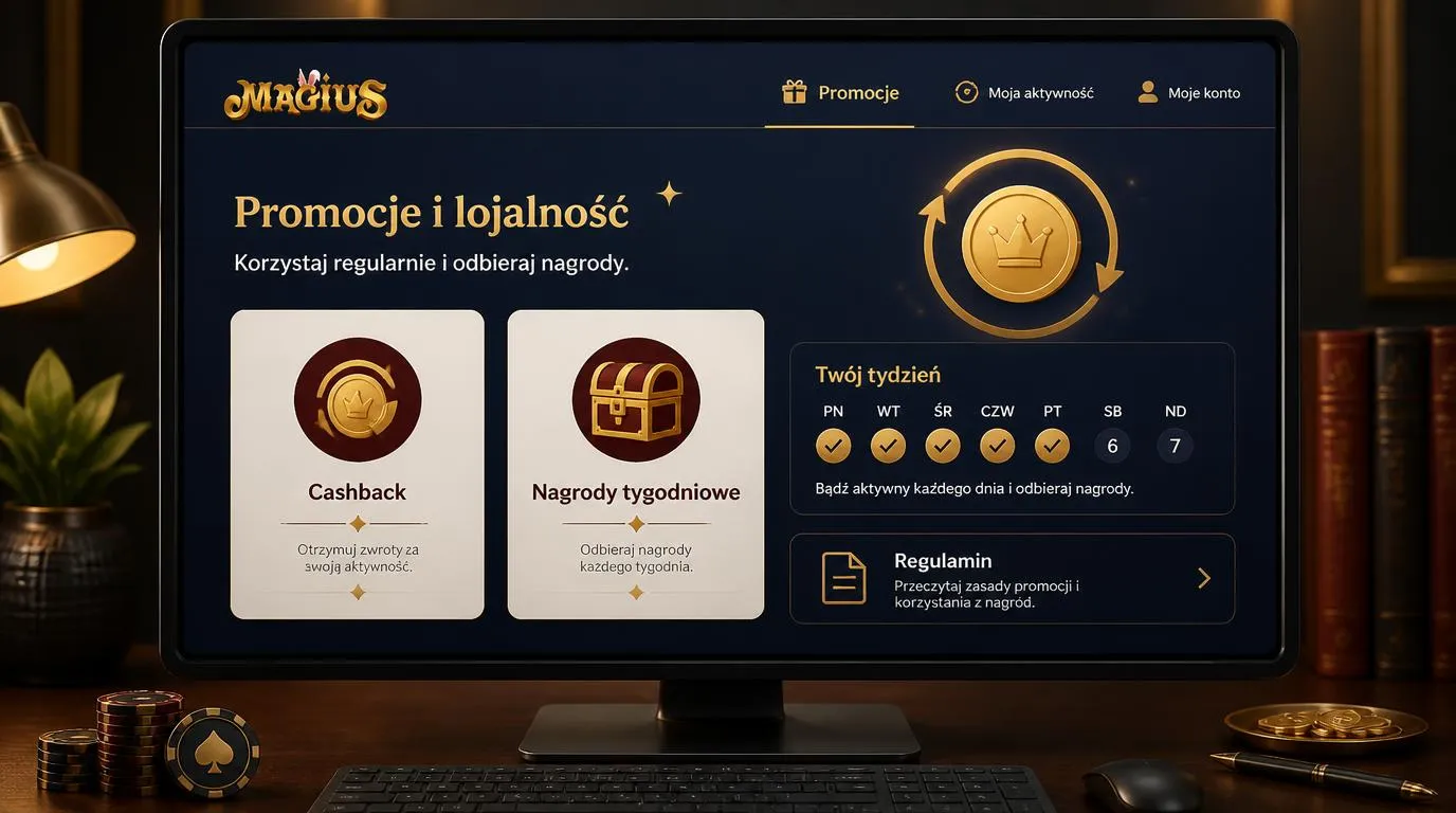 Panel promocji kasyna z kartą cashbacku, kalendarzem nagród tygodniowych i przyciskiem regulaminu