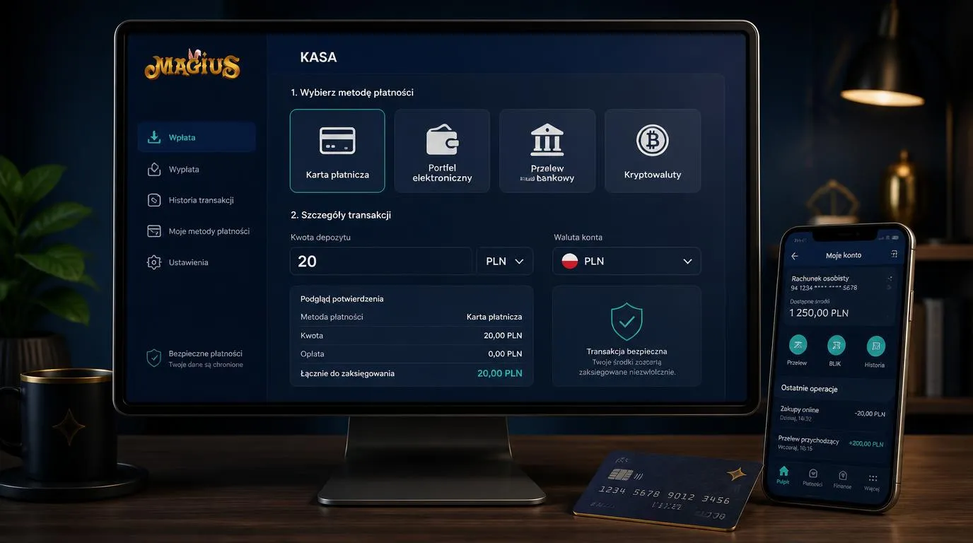Ilustracyjny panel kasy w PLN z wyborem karty, portfela elektronicznego, przelewu i kryptowalut
